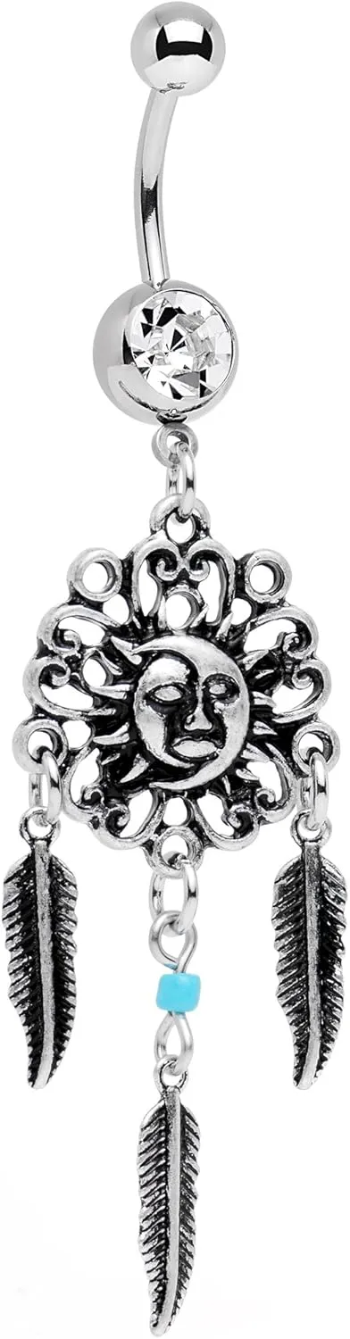 Body Candy Stainless Steel Clear Accent Sun and Moon Feather Celestial Daydream Dangle Belly Ring