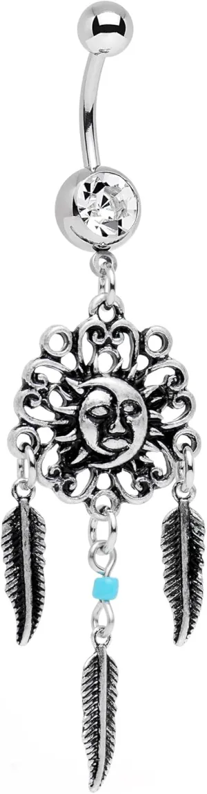 Body Candy Stainless Steel Clear Accent Sun and Moon Feather Celestial Daydream Dangle Belly Ring