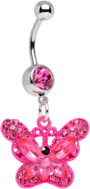Body Candy Stainless Steel Pink Butterfly Dangle Belly Ring