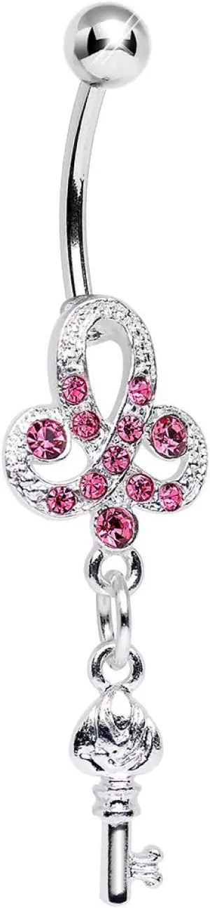 Body Candy Stainless Steel Pink Clover and Key Dangle Belly Ring