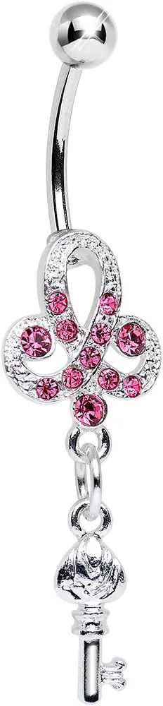 Body Candy Stainless Steel Pink Clover and Key Dangle Belly Ring