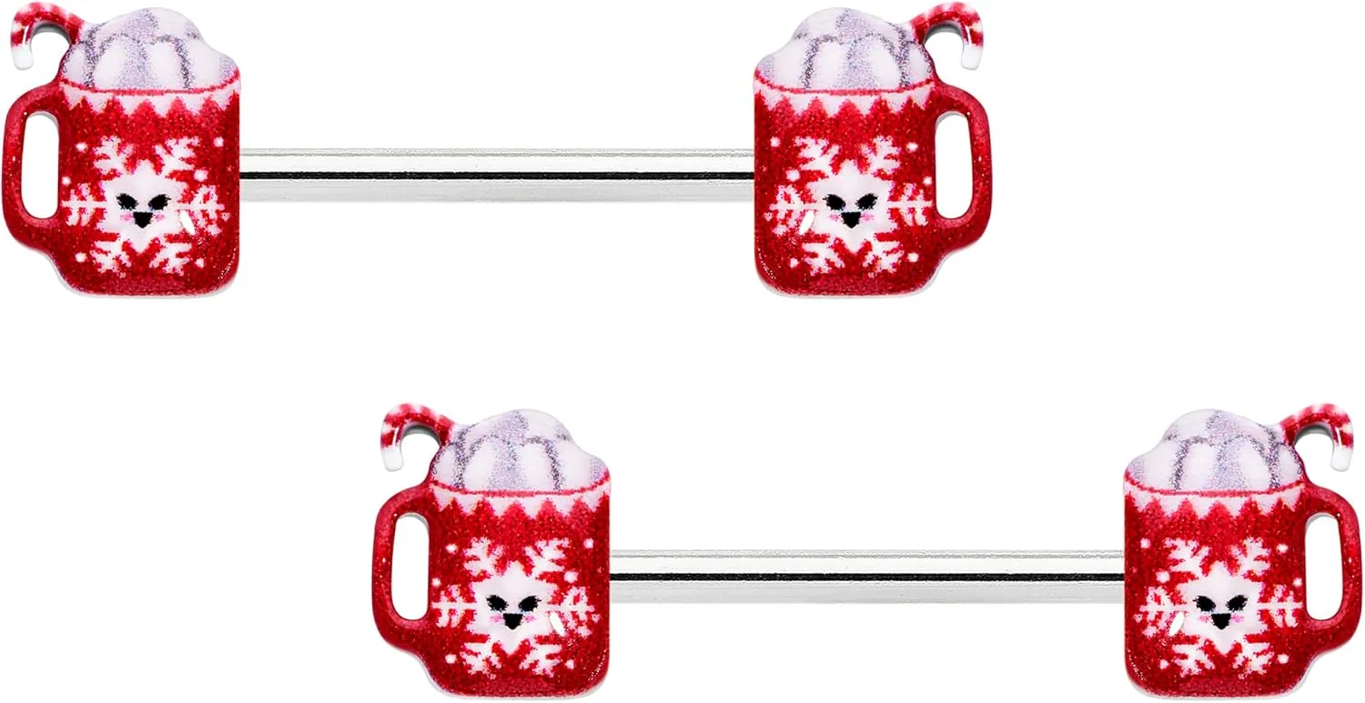 Body Candy Winter Holiday 14G Womens Nipplerings Piercing Steel 2Pc Christmas Hot Cocoa Snowflake Red Nipple Ring Set 9/16"