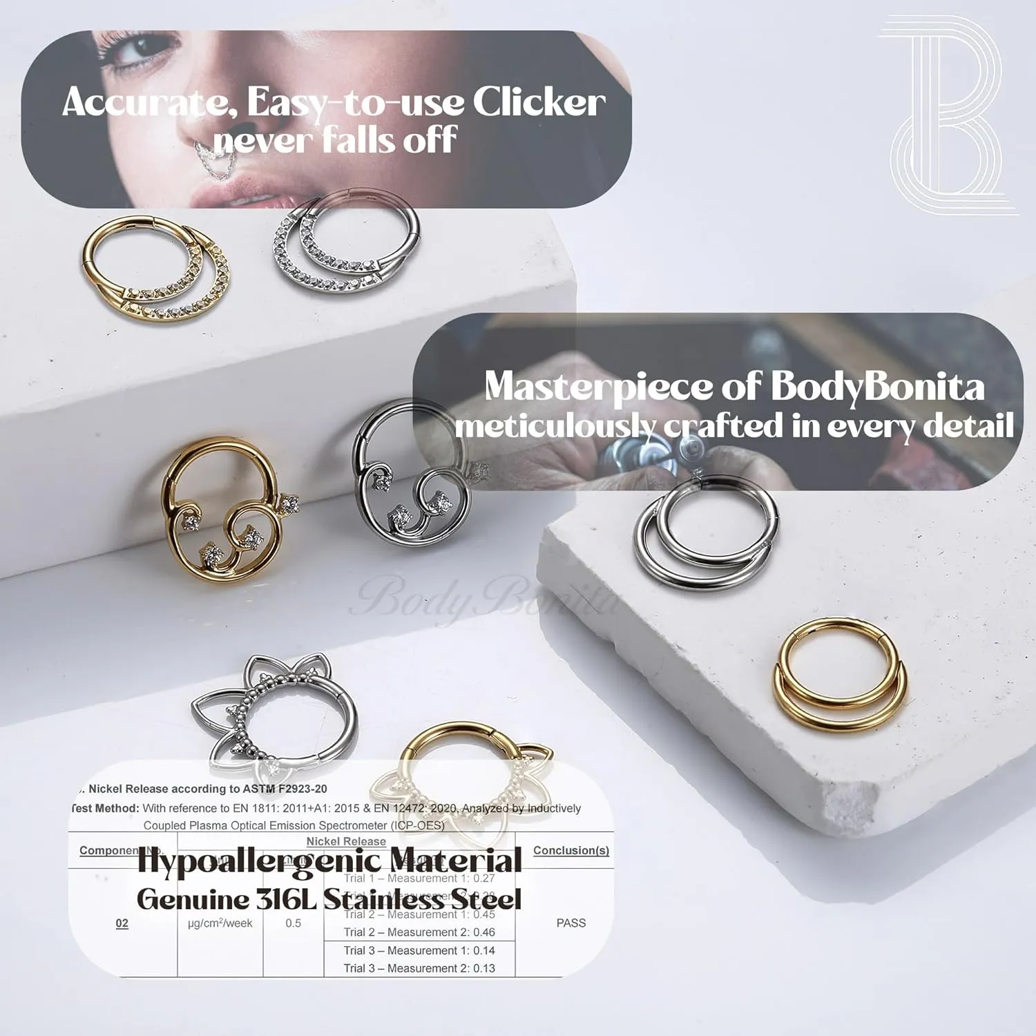 BodyBonita 16G Septum Rings Clicker 316L Stainless Steel Septum Nose Rings for Women Daith Earrings for Women Septum Jewelry Conch Daith Piercing Jewelry 14k Gold Plated/Silver 8mm 10mm