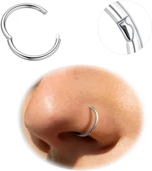 BodyBonita 2nd Gen Locking Hinged Nose Rings Hoops - 316L Surgical Steel 18G Septum Lip Rings Conch Piercing Jewelry 8mm One