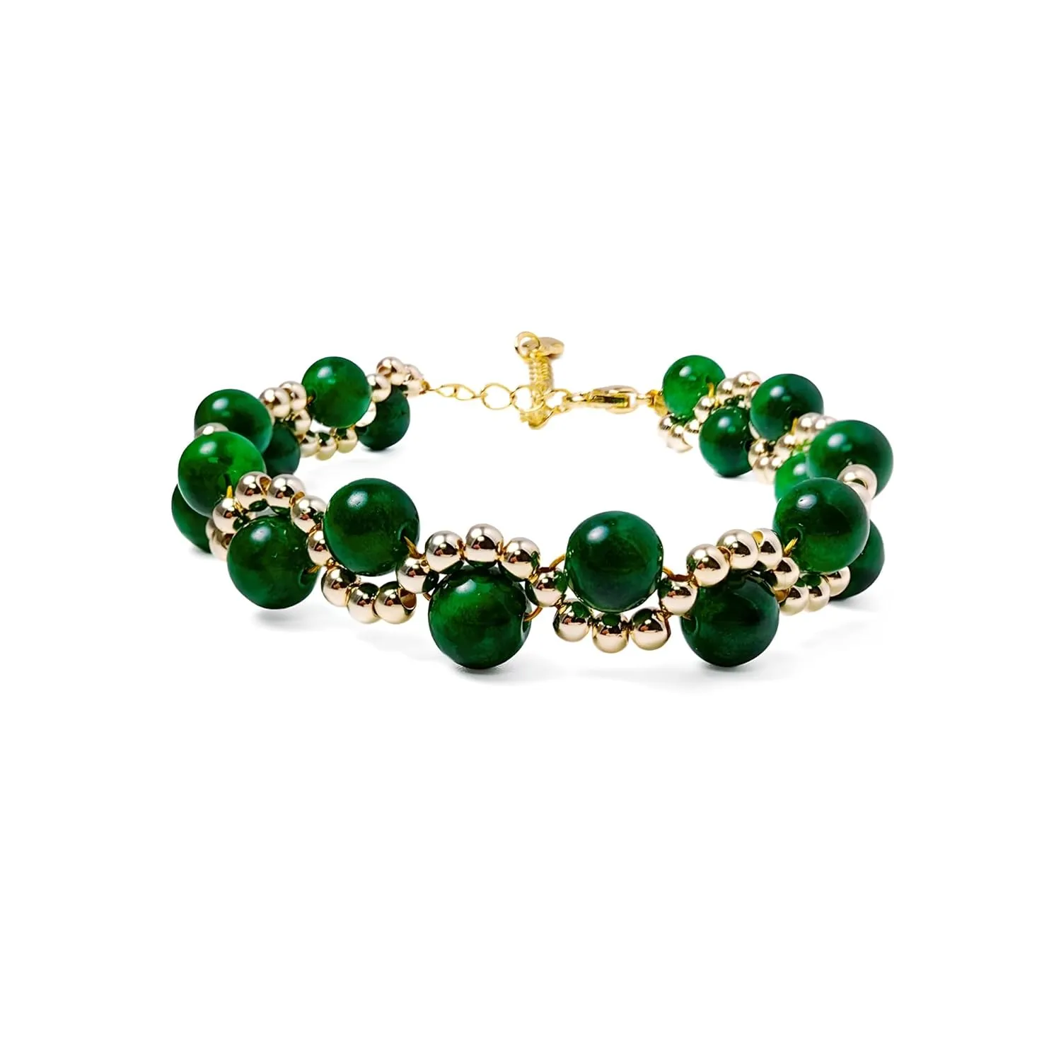 Boho Natural Handmade Jade Crystal Wrap 0.23-inch Beaded 14K Gold-plated Bracelet, with Wristbands Jewelry Gift for Women Teen Girls