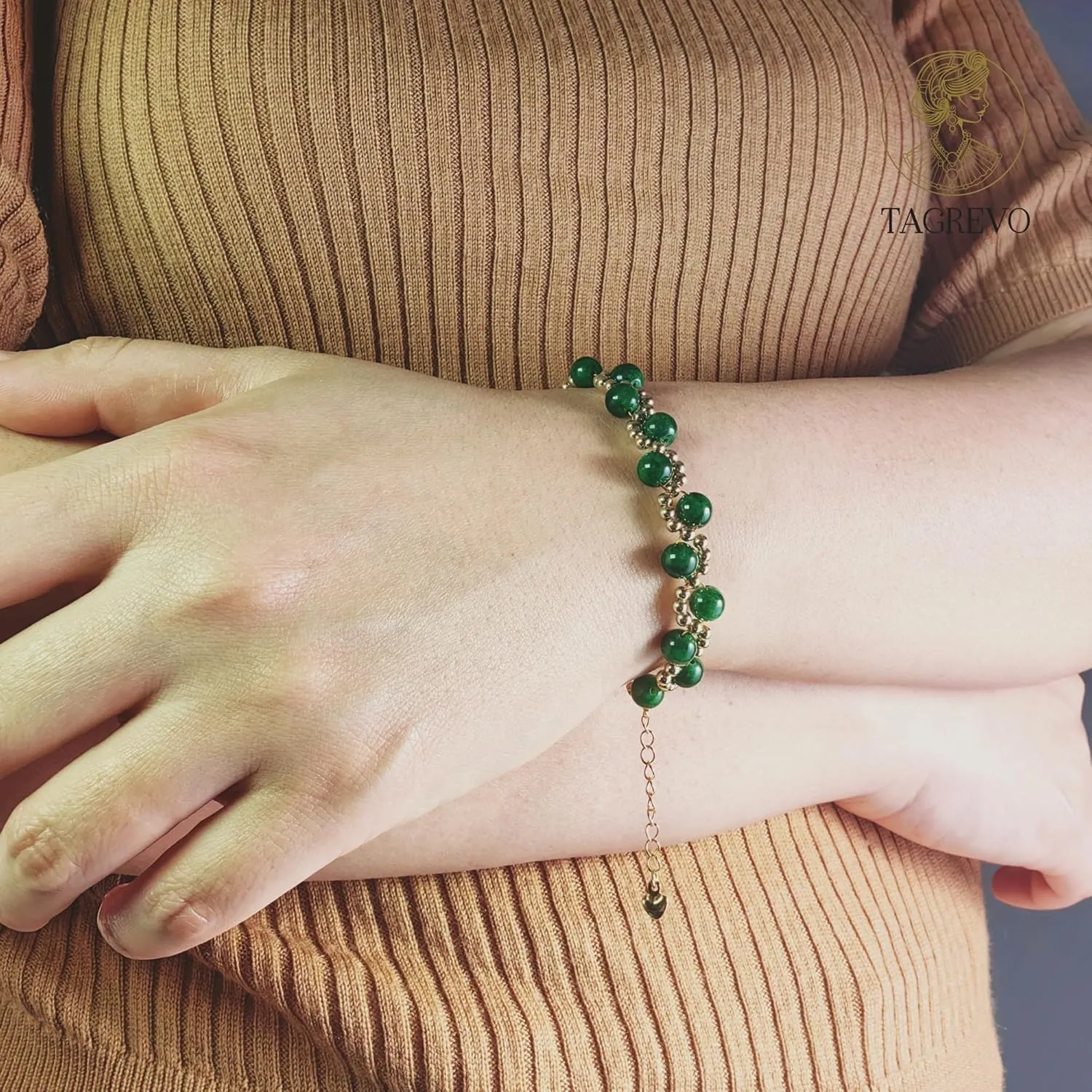 Boho Natural Handmade Jade Crystal Wrap 0.23-inch Beaded 14K Gold-plated Bracelet, with Wristbands Jewelry Gift for Women Teen Girls