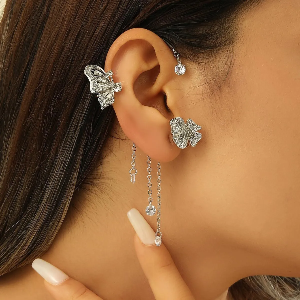Butterfly Tassel Ear Cuff Glitter Rhinestone Non Piercing Butterfly Flower Wrap-Around Clip-On Earrings Ear Bone Clip Jewelry for Women
