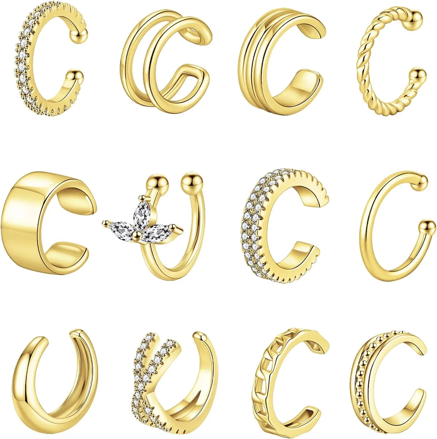 CASDAN 12Pcs Ear Cuff Earrings for Women Non Piercing 14K Gold Plated Ear Cuffs Clips On Non Pierced Cartilage Earring Adjustable Fake Earrings Lightweight