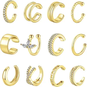 CASDAN 12Pcs Ear Cuff Earrings for Women Non Piercing 14K Gold Plated Ear Cuffs Clips On Non Pierced Cartilage Earring Adjustable Fake Earrings Lightweight