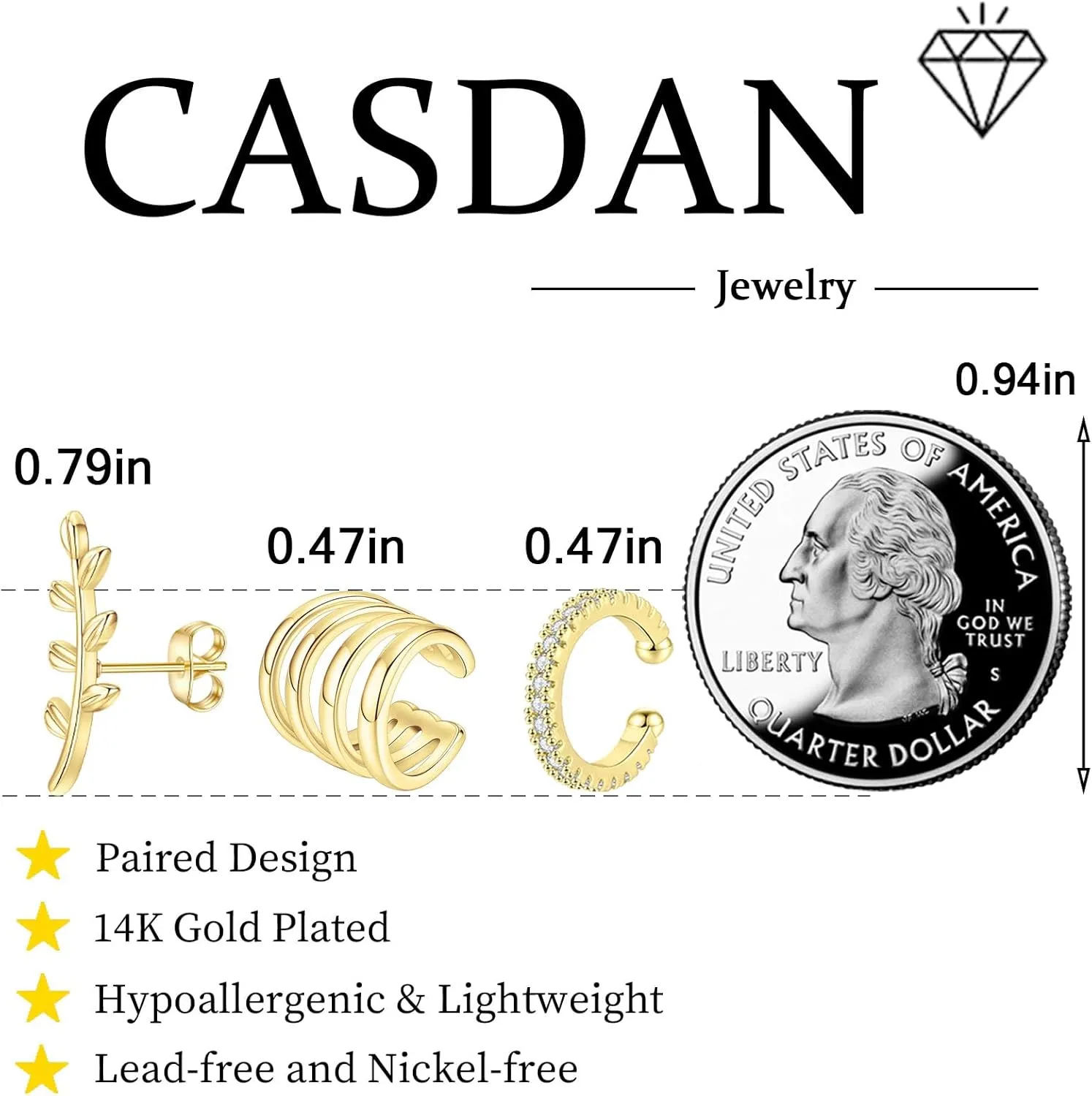 CASDAN Ear Cuffs for Women Non Piercing 14k Gold Plated Ear Cuff Earrings for Women Hypoallergenic Earring Cuffs Non Pierced Trendy Cubic Zirconia Fake Cartilage Piercing Jewelry Gifts