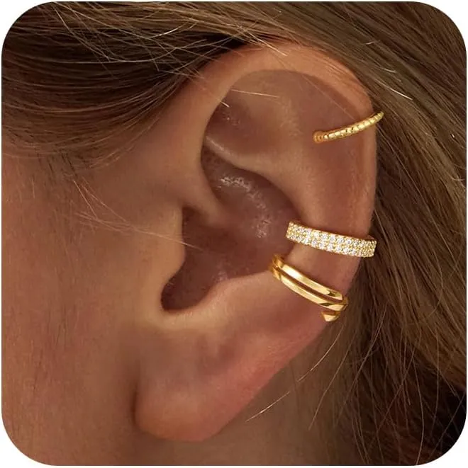CHESKY 14K Gold Ear Cuffs Earrings for Women Huggie Hoop Earrings Non Piercing Gold Plated Cubic Zirconia Clip on Cartilage Earring Hypoallergenic Cute Ear Cuff Hoop Set Sparkle Trendy Jewelry