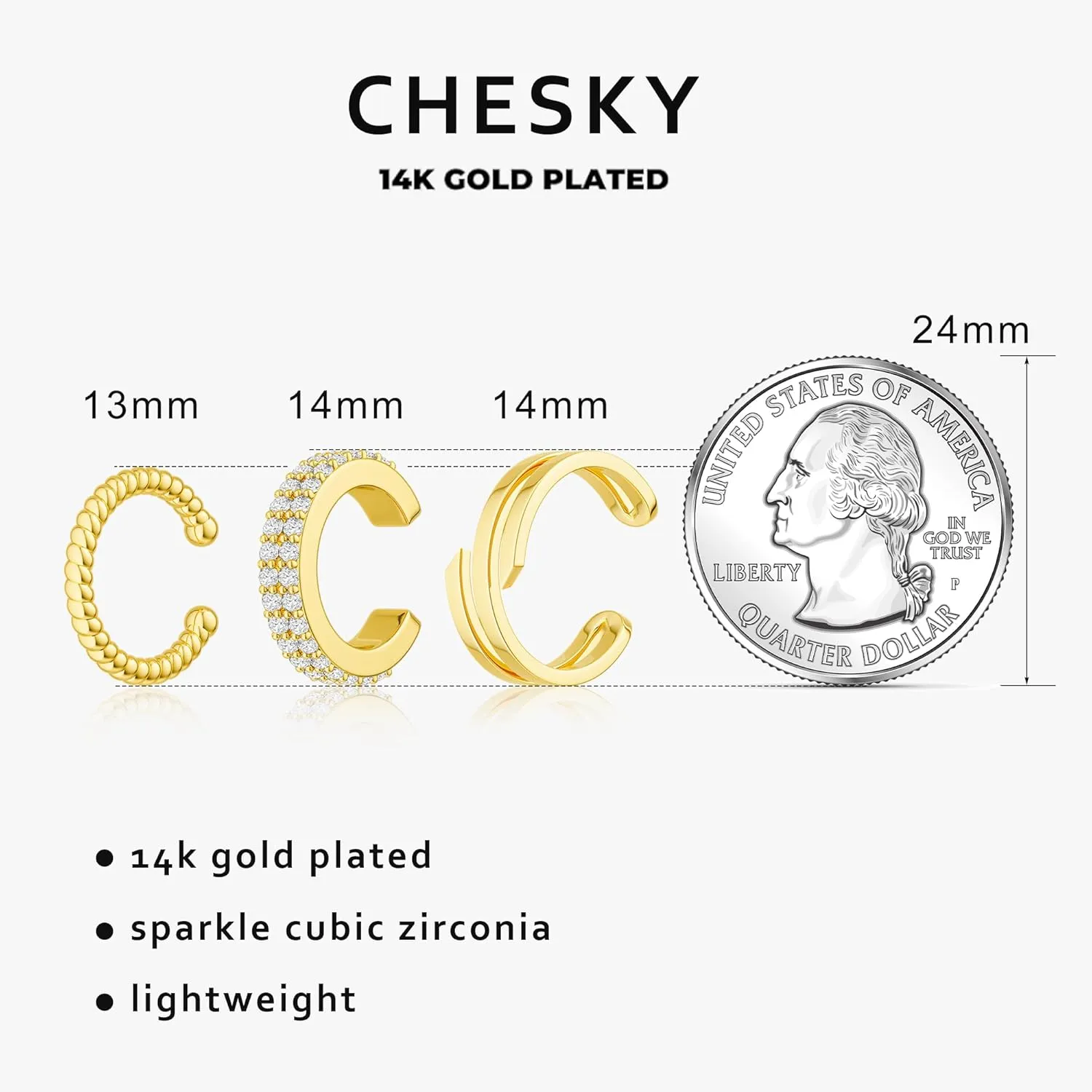CHESKY 14K Gold Ear Cuffs Earrings for Women Huggie Hoop Earrings Non Piercing Gold Plated Cubic Zirconia Clip on Cartilage Earring Hypoallergenic Cute Ear Cuff Hoop Set Sparkle Trendy Jewelry
