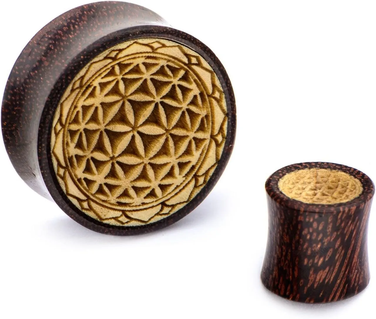 CHICNET Plug wood tamarind crocodile wood light dark flower of life serrated edge engraving flesh tunnel piercing double flared handmade unisex men women