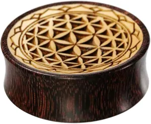CHICNET Plug wood tamarind crocodile wood light dark flower of life serrated edge engraving flesh tunnel piercing double flared handmade unisex men women