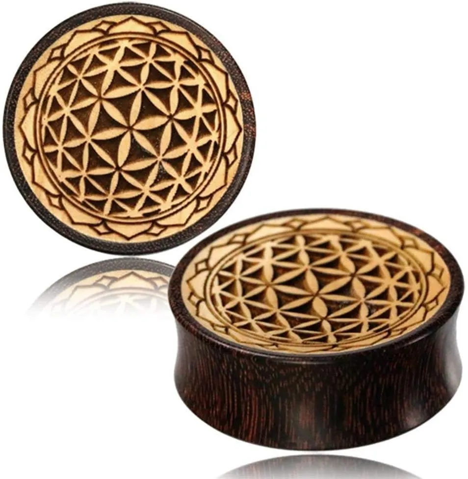CHICNET Plug wood tamarind crocodile wood light dark flower of life serrated edge engraving flesh tunnel piercing double flared handmade unisex men women