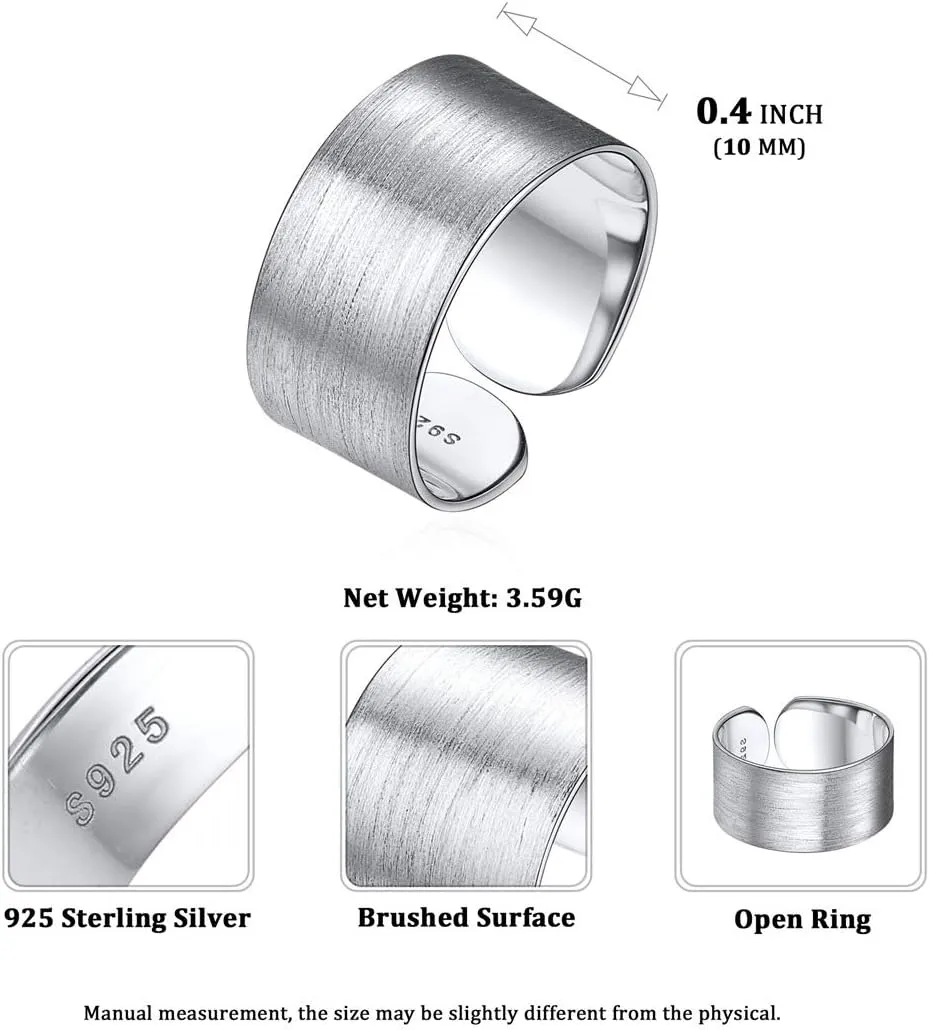 ChicSilver Customizable 925 Sterling Silver Rings for Women Mens High Polished Plain Dome Engagement Band Adjustable Flat Wide Cuff Ring, Width 5/10/15MM (with Gift Box)