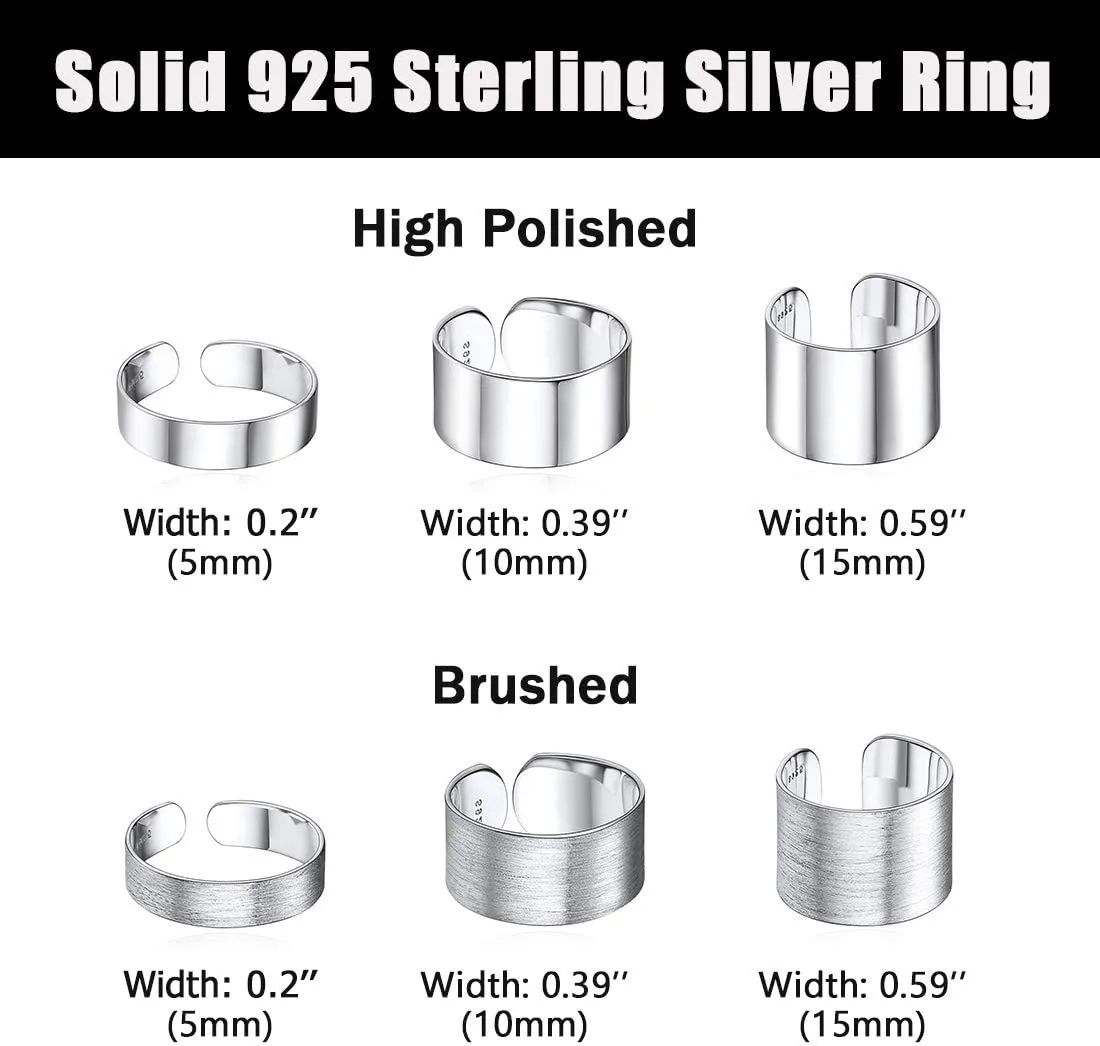 ChicSilver Customizable 925 Sterling Silver Rings for Women Mens High Polished Plain Dome Engagement Band Adjustable Flat Wide Cuff Ring, Width 5/10/15MM (with Gift Box)