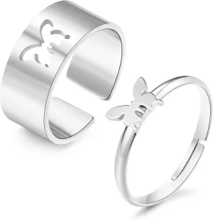 choice of all 2 PCS Butterfly Rings for Couples Matching Friendship Butterfly Ring Promise Couple Ring Set (Silver Butterfly Ring)