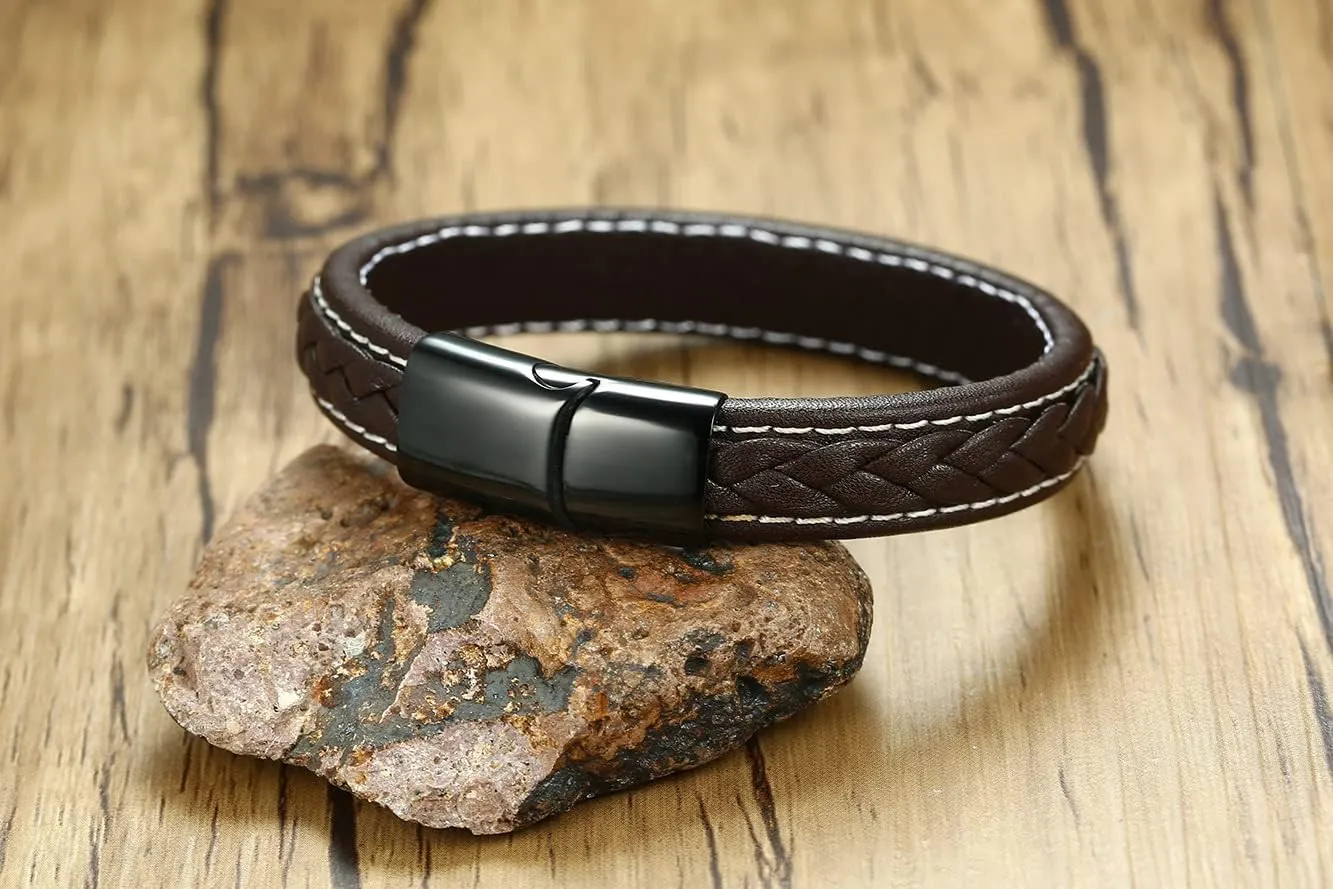 Christian Cross | W W J D | Just Breathe | Tree of Life | Viking Valknut 12MM Soft Comfortable Genuine Leather Polish Stainless Steel Cuff Wristband Bracelets