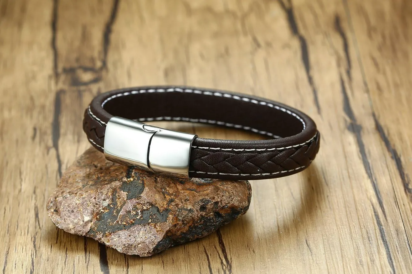 Christian Cross | W W J D | Just Breathe | Tree of Life | Viking Valknut 12MM Soft Comfortable Genuine Leather Polish Stainless Steel Cuff Wristband Bracelets