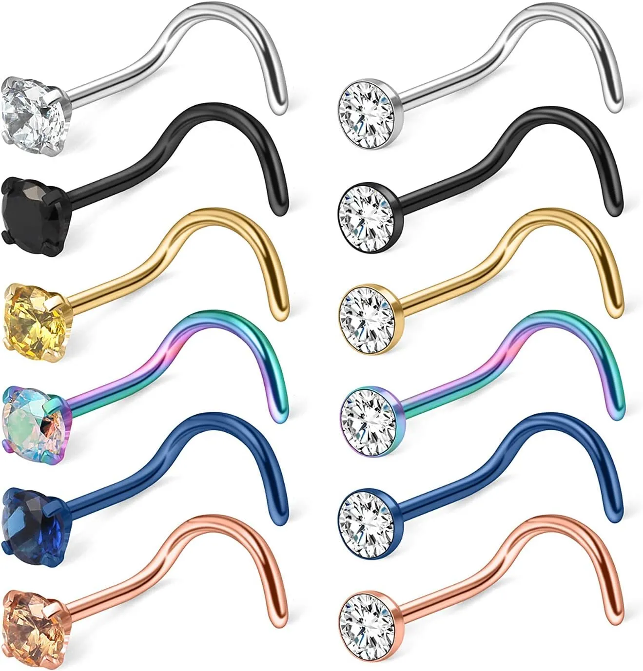 Cisyozi 18G 20G 22G Nose Rings and Studs - 316L Surgical Steel Hypoallergenic Piercing Jewelry for Women Men - L Shaped Straight Nostril Screw - Diamond CZ 1.5mm 2mm 2.5mm 3mm 12Pcs