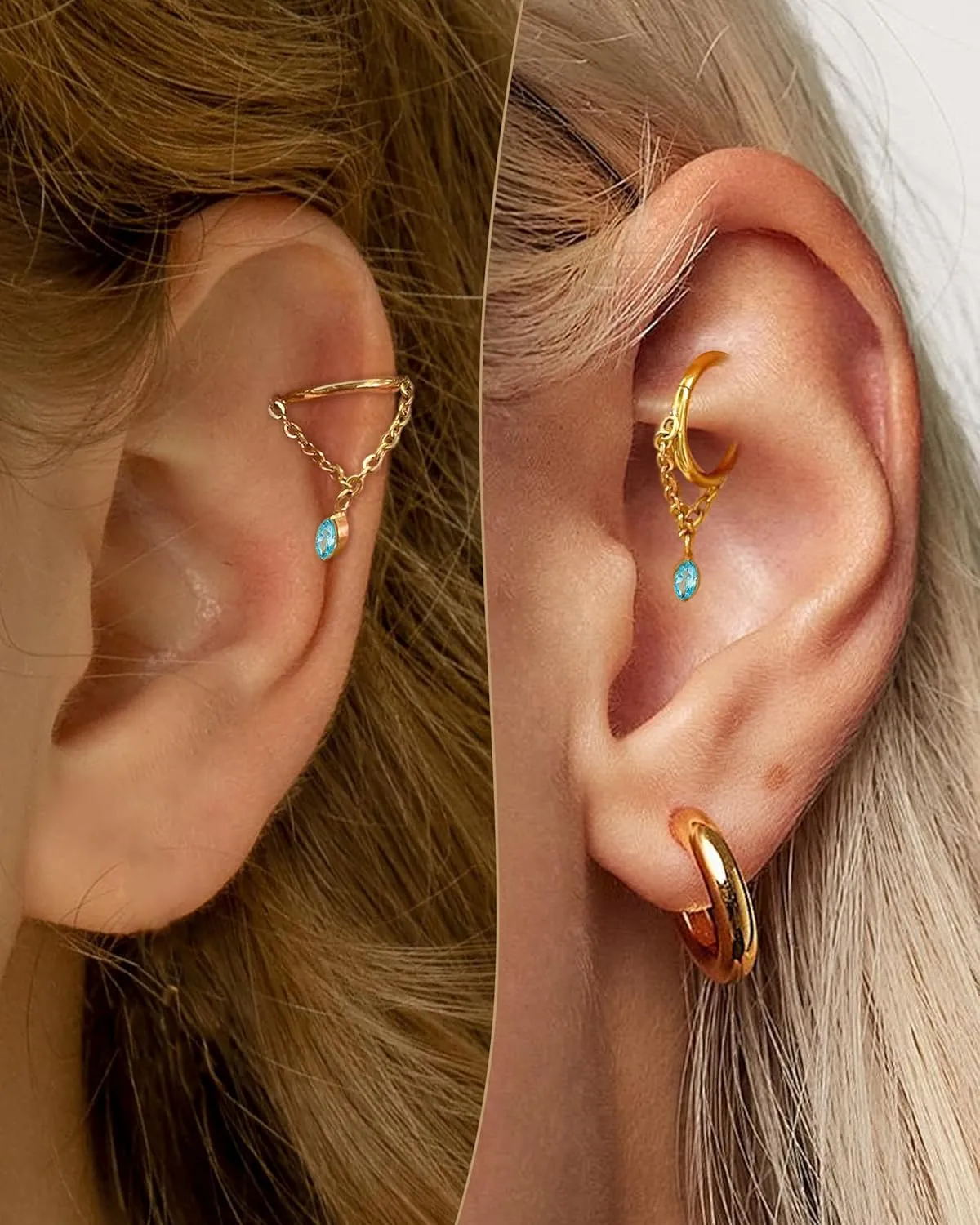 COCHARM 16g Titanium Dangle Chain Helix Earrings Gold Dangling Rook Hoop Piercing Jewelry, 8mm Dangly Chain Gold Helix Ring Surgical Steel Rook Earring for Women Men