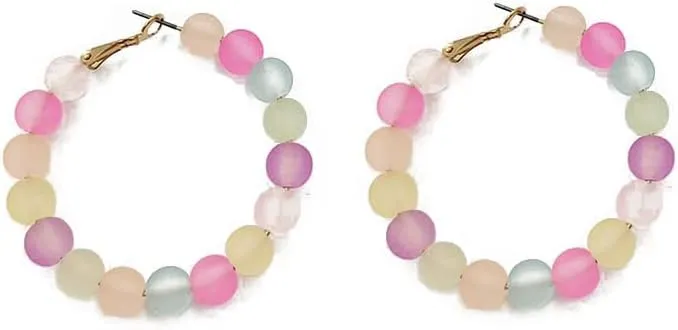 Colorful Beaded Ball Large Huggie Hoop Earrings Acrylic Resin Round Balls Beads Big Circle Statement Earrings Hoops Bohemian Jewelry Gifts for Women Girls Summer Beach Party