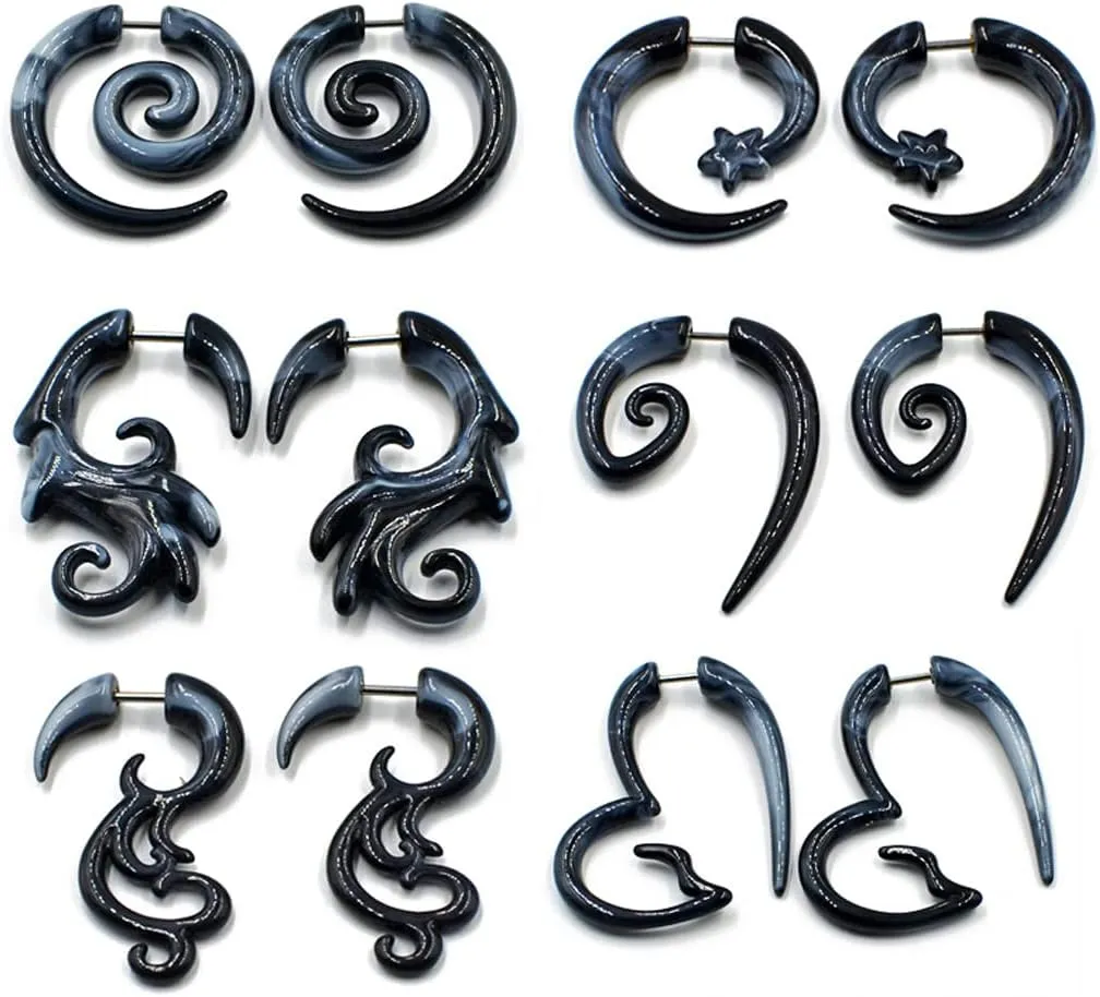 COLORFUL BLING 6-12Pairs Stainless Steel Punk Black Tribal Spiral Fake Gauges Acrylic Ear Tapers Fake Plugs Horn Stud Earrings Tunnel Body Piercing Jewelry