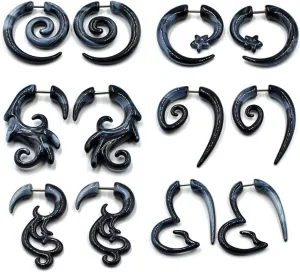 COLORFUL BLING 6-12Pairs Stainless Steel Punk Black Tribal Spiral Fake Gauges Acrylic Ear Tapers Fake Plugs Horn Stud Earrings Tunnel Body Piercing Jewelry