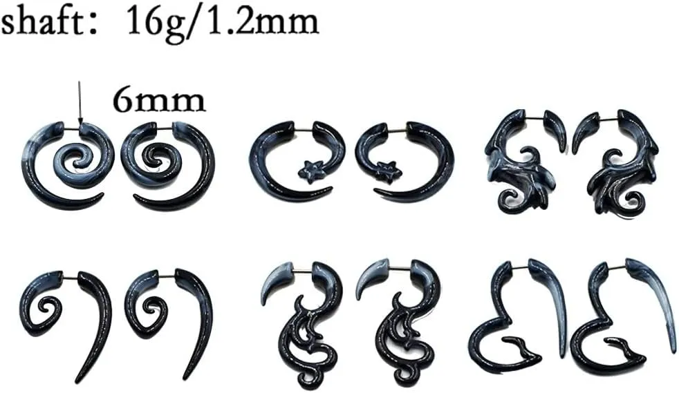 COLORFUL BLING 6-12Pairs Stainless Steel Punk Black Tribal Spiral Fake Gauges Acrylic Ear Tapers Fake Plugs Horn Stud Earrings Tunnel Body Piercing Jewelry