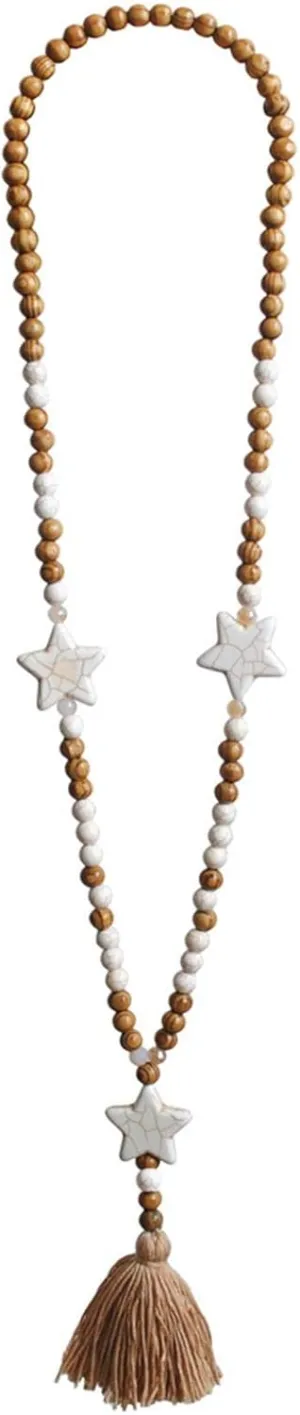 COLORFUL BLING Vintage Natural Round Wooden Beads Long Sweater Chain Strand Necklace Handmade Retro Ethnic Peace Cross Star Wood Beaded Necklace Bohemia Tassel Pendant Neckalce for Women Jewelry-star