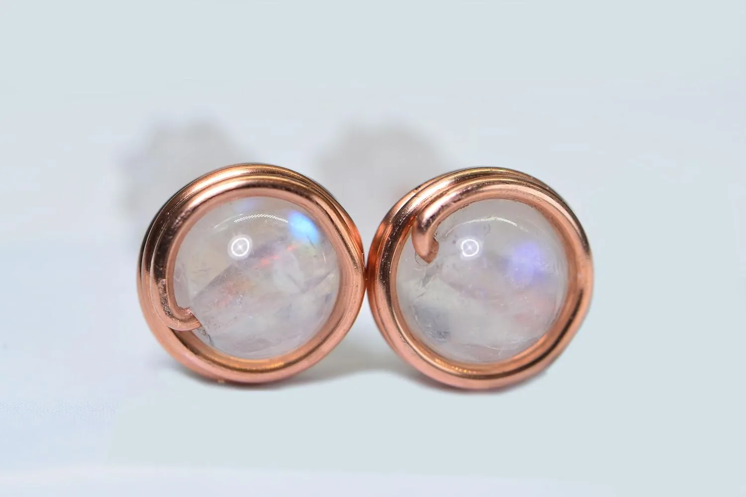 Copper Wire Wrapped Stud Earrings Natural Moonstone Round 6mm Earrings Gift For Girlfriend (moonstone)
