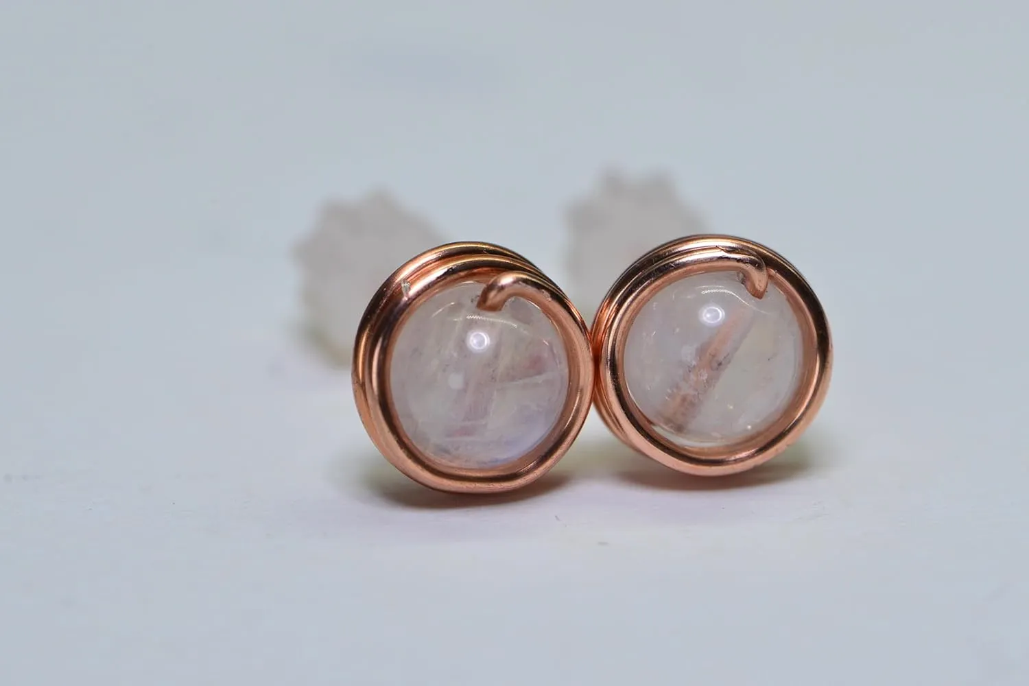 Copper Wire Wrapped Stud Earrings Natural Moonstone Round 6mm Earrings Gift For Girlfriend (moonstone)