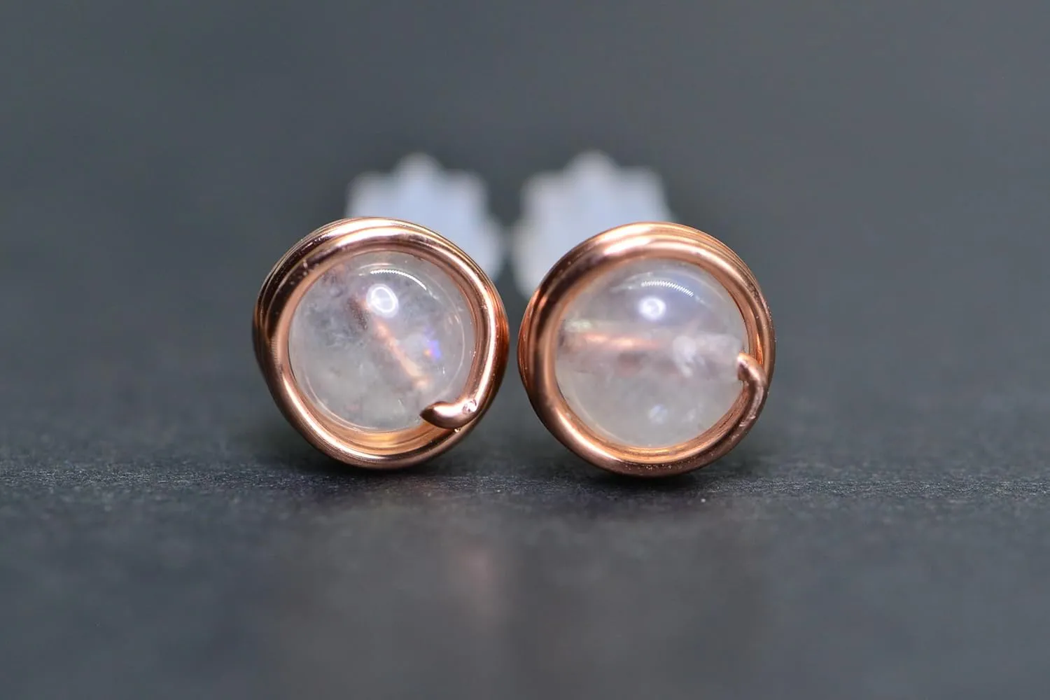 Copper Wire Wrapped Stud Earrings Natural Moonstone Round 6mm Earrings Gift For Girlfriend (moonstone)