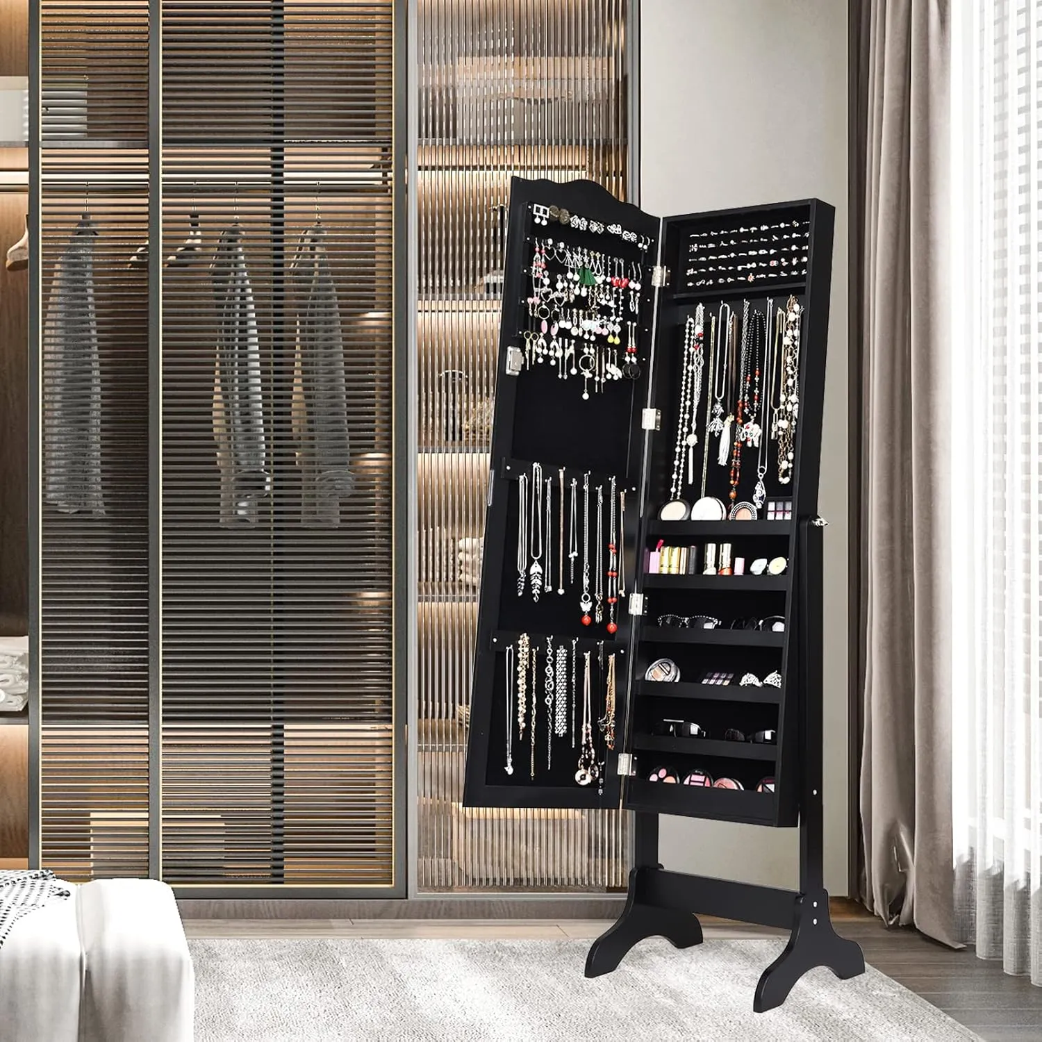 COSTWAY Mirror Jewelry Cabinet, 4-Angle Tilting Jewelry Organizer with Full-length Mirror & Large Capacity, Lockable Standing Jewelry Armoires for Bedroom, Dressing Room (Black)