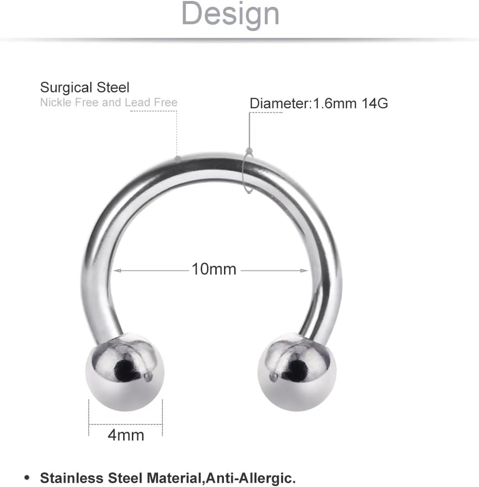 COTTVOTT 10pcs 14G 16G Stainless Steel Horseshoe Hoop Rings Ear Eyebrow Nose Septum Piercing 6-14mm