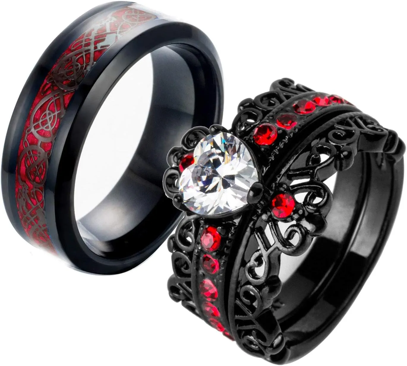 Couple Rings Black Plated Heart Red Cz Womens Wedding Ring Sets Crown Ring Titanium Man Wedding BandsPlease Buy 2 Rings for 1 Pair
