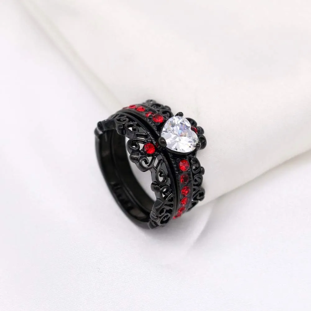 Couple Rings Black Plated Heart Red Cz Womens Wedding Ring Sets Crown Ring Titanium Man Wedding BandsPlease Buy 2 Rings for 1 Pair