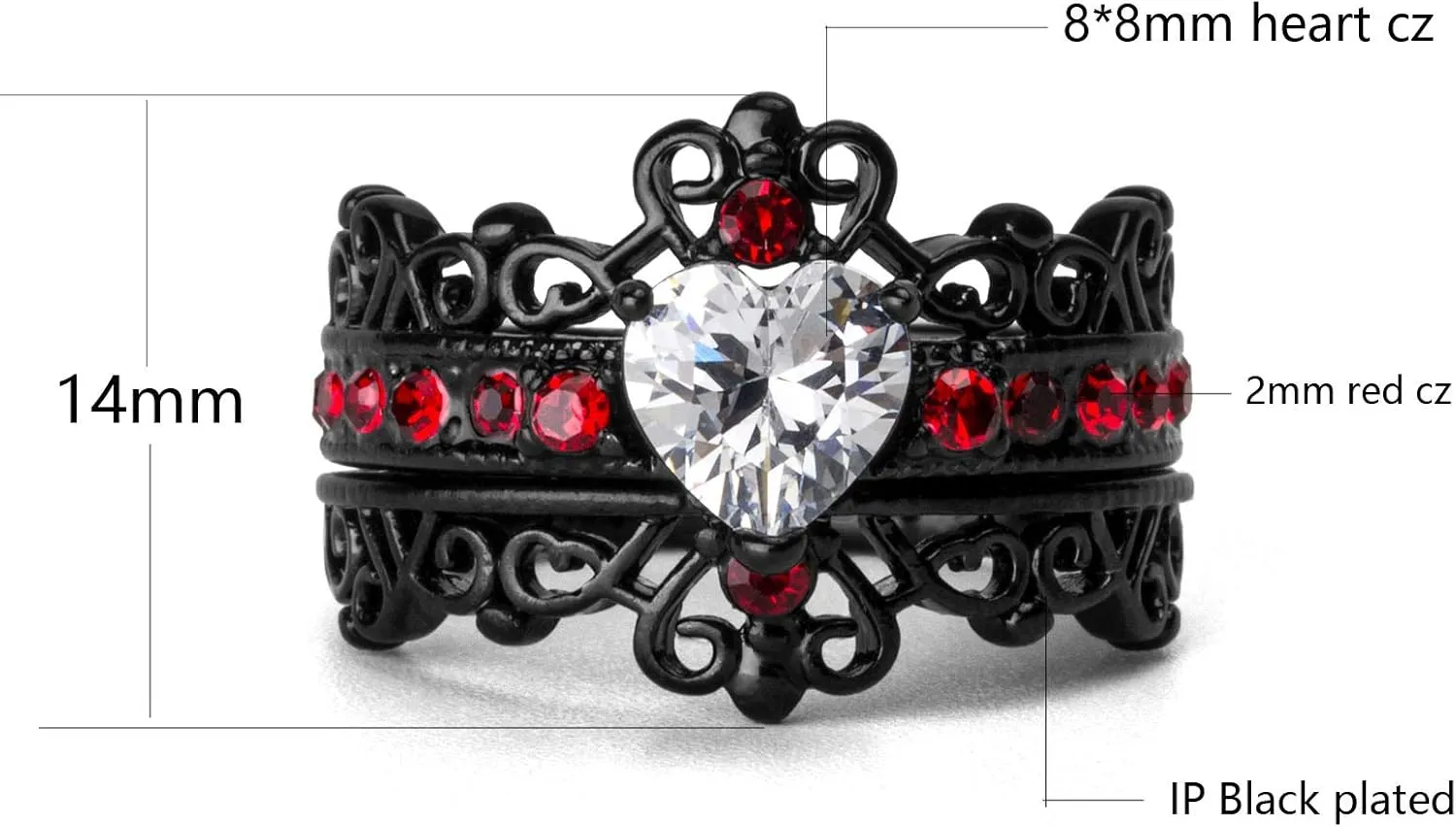 Couple Rings Black Plated Heart Red Cz Womens Wedding Ring Sets Crown Ring Titanium Man Wedding BandsPlease Buy 2 Rings for 1 Pair