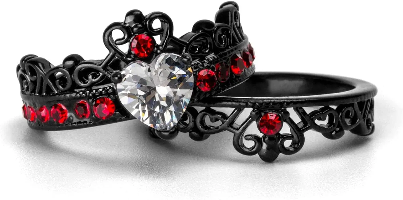 Couple Rings Black Plated Heart Red Cz Womens Wedding Ring Sets Crown Ring Titanium Man Wedding BandsPlease Buy 2 Rings for 1 Pair