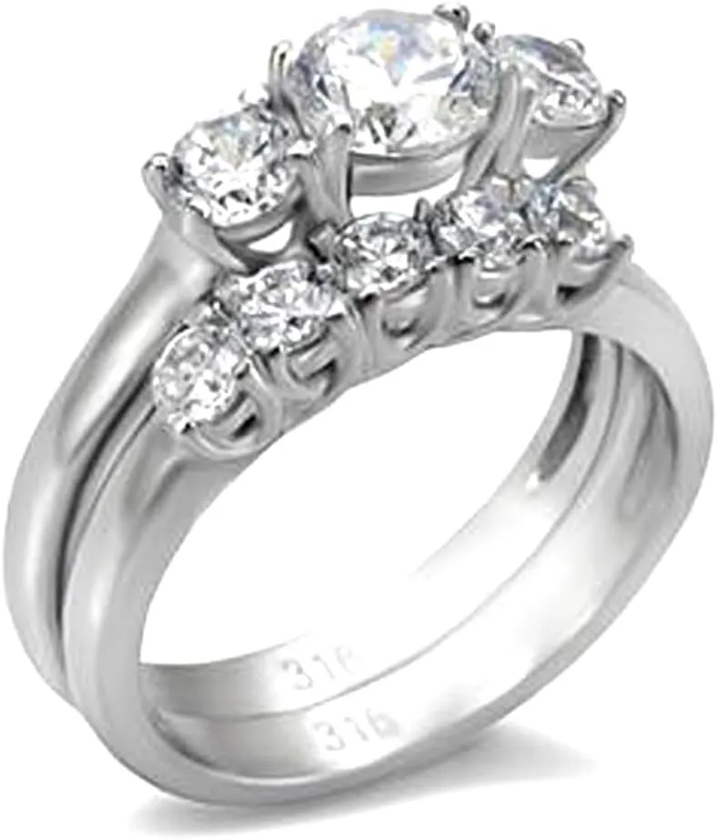 Couples Rings Set Womens 3 Stone Round CZ Stainless Steel Wedding Engagement Ring set Mens All Around CZ Wedding Band