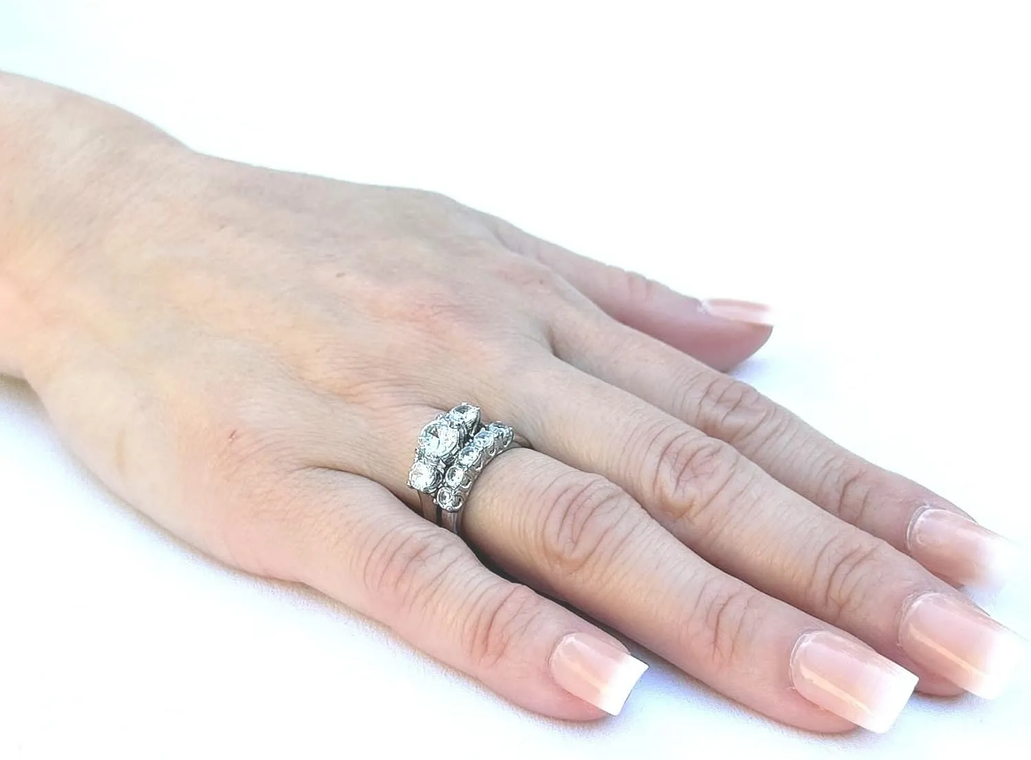 Couples Rings Set Womens 3 Stone Round CZ Stainless Steel Wedding Engagement Ring set Mens All Around CZ Wedding Band