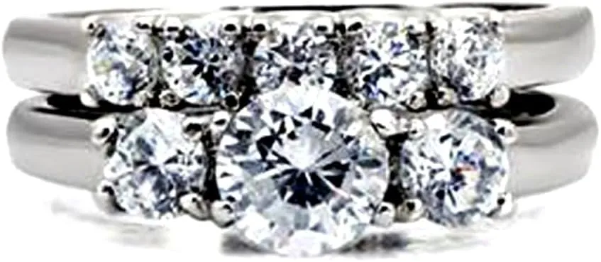 Couples Rings Set Womens 3 Stone Round CZ Stainless Steel Wedding Engagement Ring set Mens All Around CZ Wedding Band
