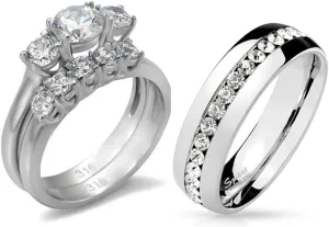Couples Rings Set Womens 3 Stone Round CZ Stainless Steel Wedding Engagement Ring set Mens All Around CZ Wedding Band