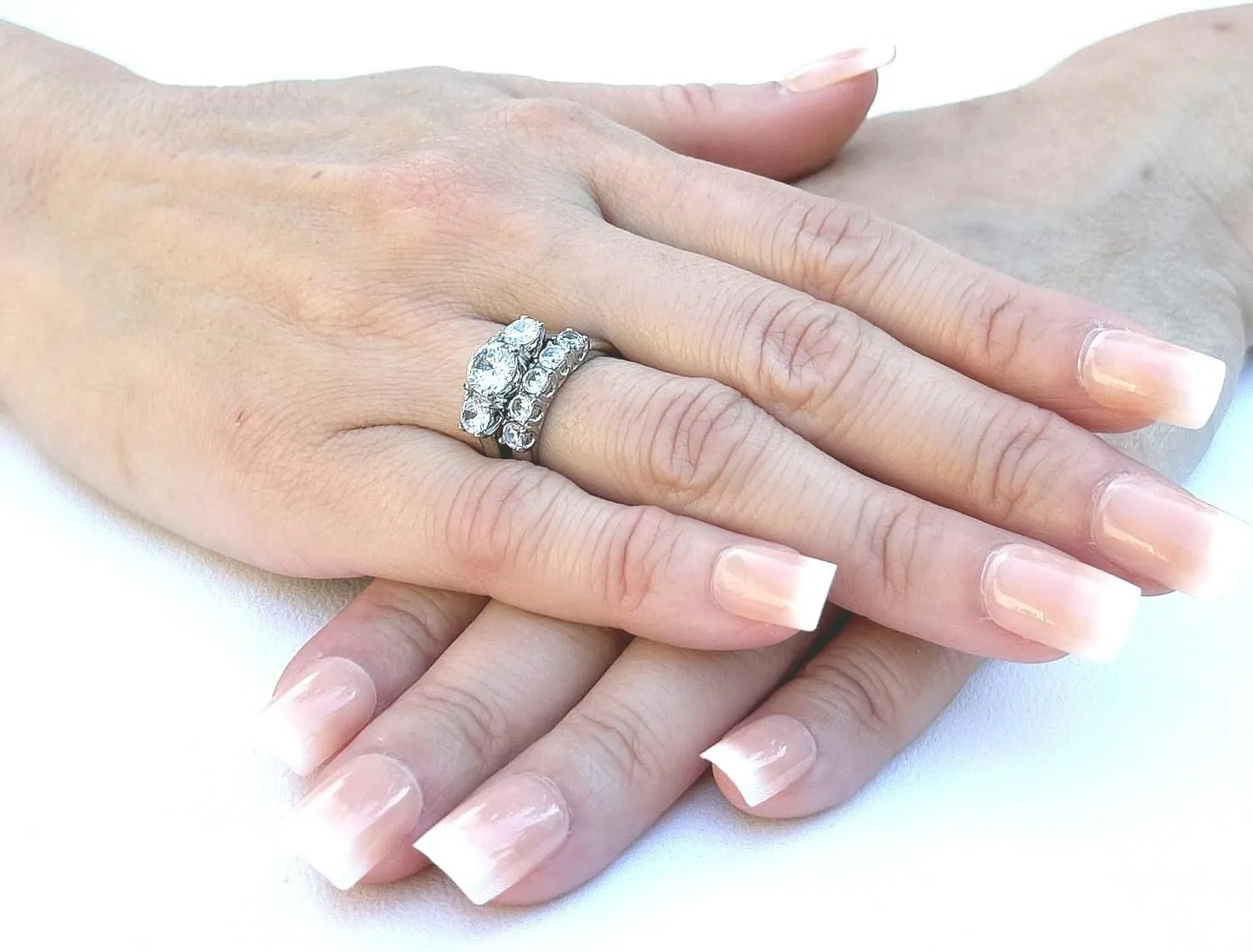 Couples Rings Set Womens 3 Stone Round CZ Stainless Steel Wedding Engagement Ring set Mens All Around CZ Wedding Band