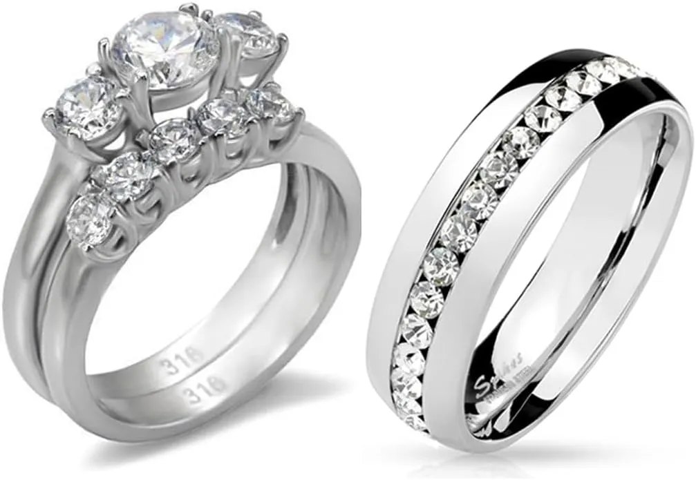 Couples Rings Set Womens 3 Stone Round CZ Stainless Steel Wedding Engagement Ring set Mens All Around CZ Wedding Band