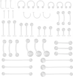 CrazyPiercing 45pcs Clear Piercing Retainers Bioflex Nose Tongue Nipple Belly Rings Assorted Clear Plastic Body Piercing Jewelry for Women Man