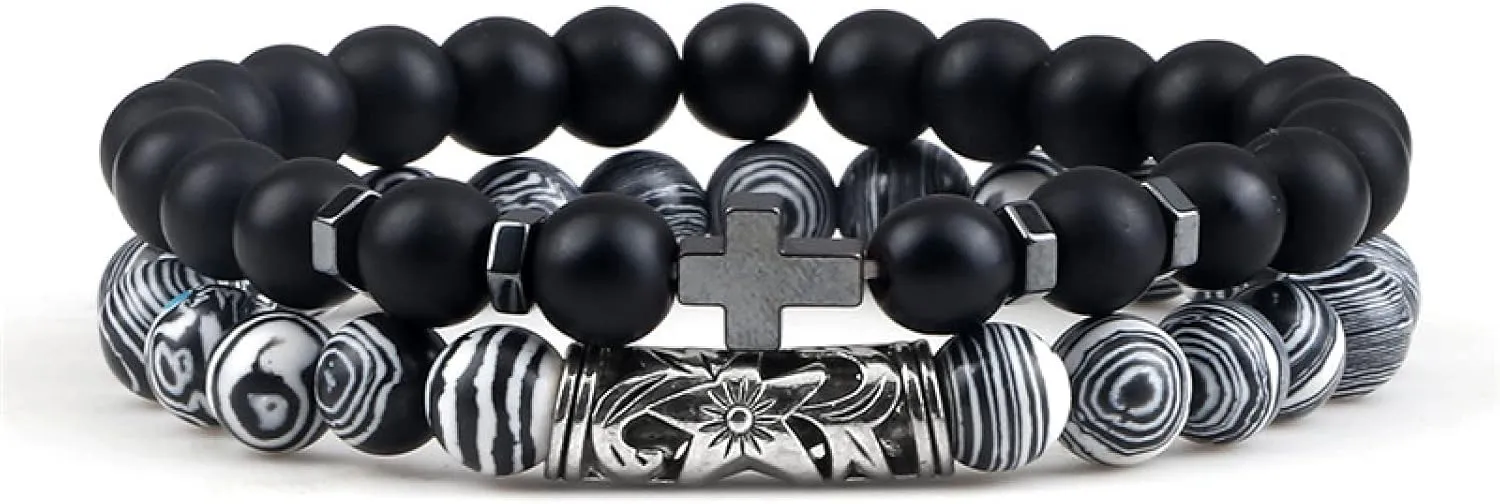 Cross Bracelets Set Hot Men Natural Wood Beads Lava Tiger Eye Stone Onyx Meditation Prayer Bracelet Women Yoga Jewelry Pulseras,Set 10