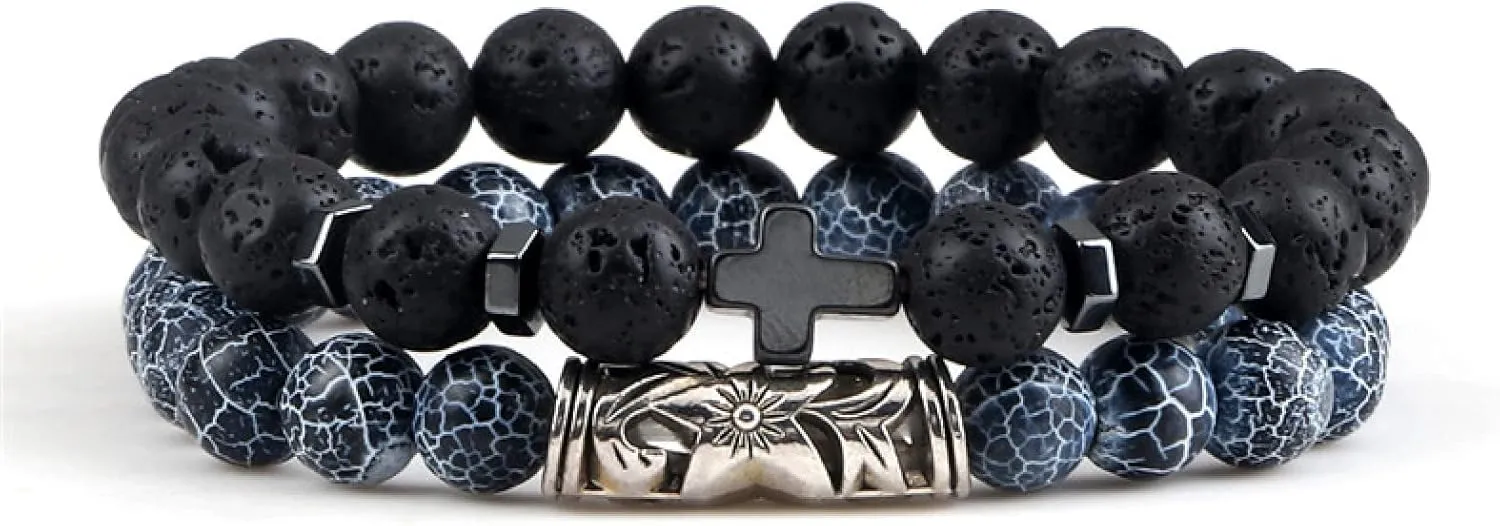 Cross Bracelets Set Hot Men Natural Wood Beads Lava Tiger Eye Stone Onyx Meditation Prayer Bracelet Women Yoga Jewelry Pulseras,Set 2