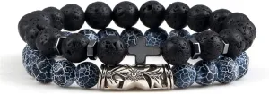Cross Bracelets Set Hot Men Natural Wood Beads Lava Tiger Eye Stone Onyx Meditation Prayer Bracelet Women Yoga Jewelry Pulseras,Set 2